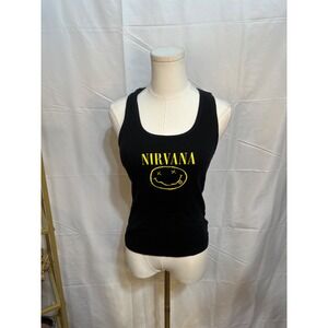Nirvana Graphic Ribbed Tank Top Black Yellow Smiley Face Logo Sleeveless Scoop